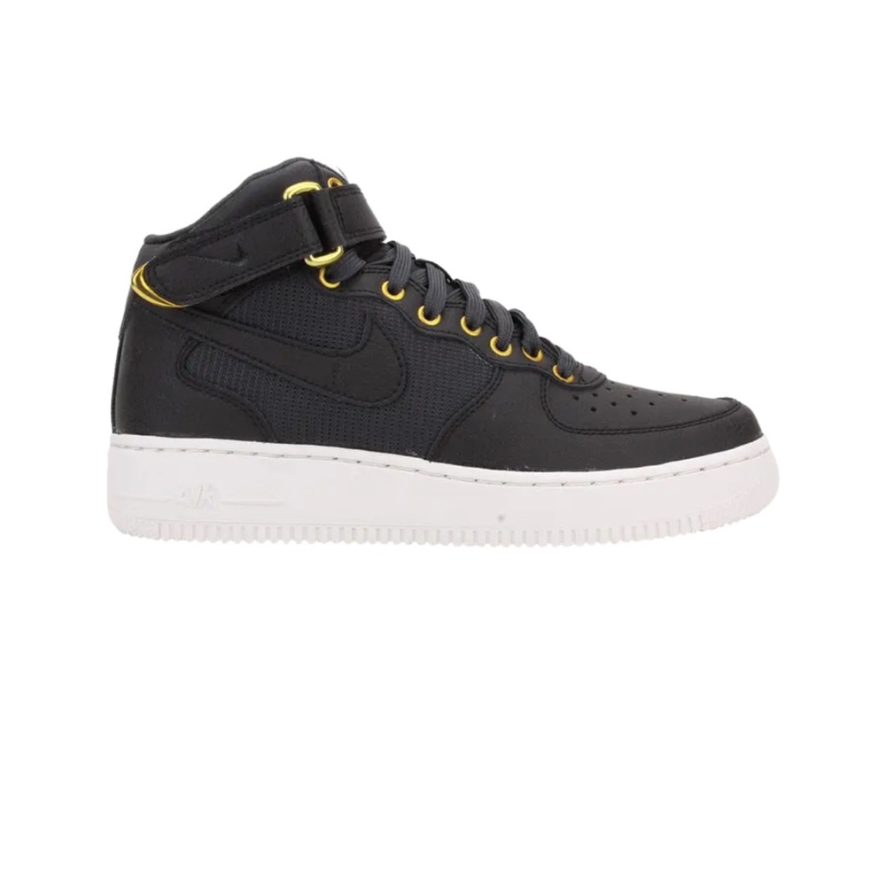 Nike Air Force ones black high top sneakers gold trim